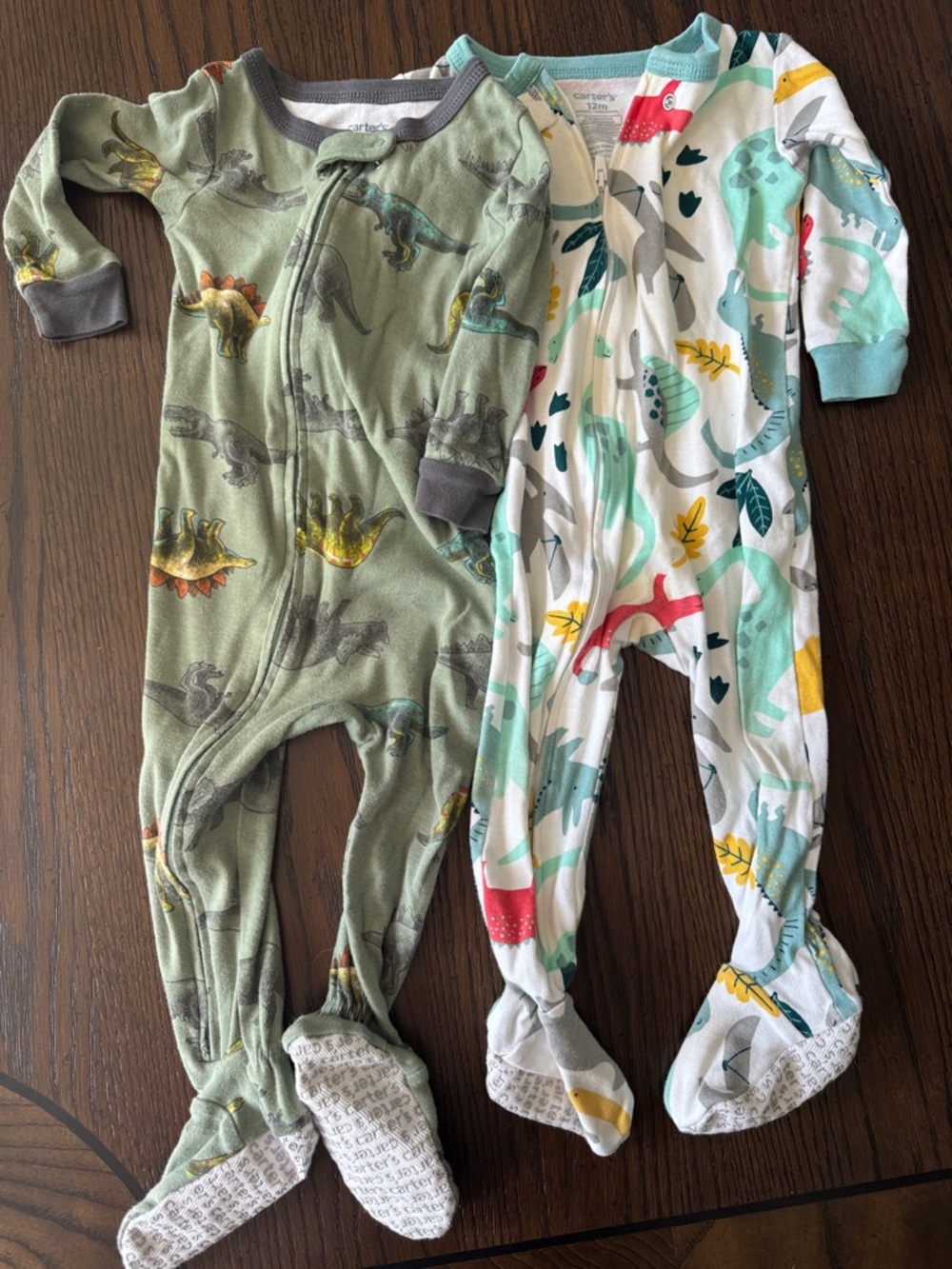 Carter's Green & White Dinosaur Footed One-Piece Pajamas - 2-Pack